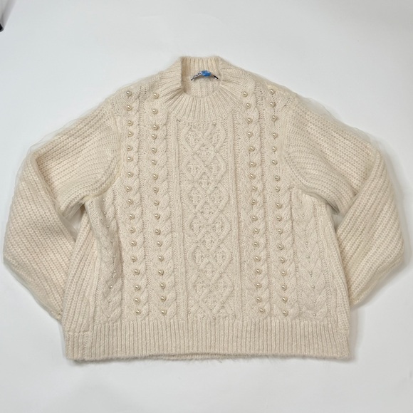 Pearl Cable Knit Sweater Tulle Puff Long Sleeves Top Blouse Relaxed Fit Jumper - Picture 3 of 17